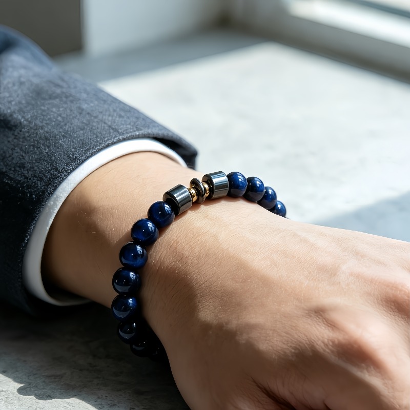 Men's Deep Blue Round Bead Elastic Bracelet, Casual Wear